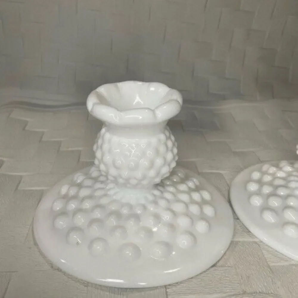 VTG Fenton Hobnail 2 Piece Candle Holder Set White Milk Glass Romantic Gift 3